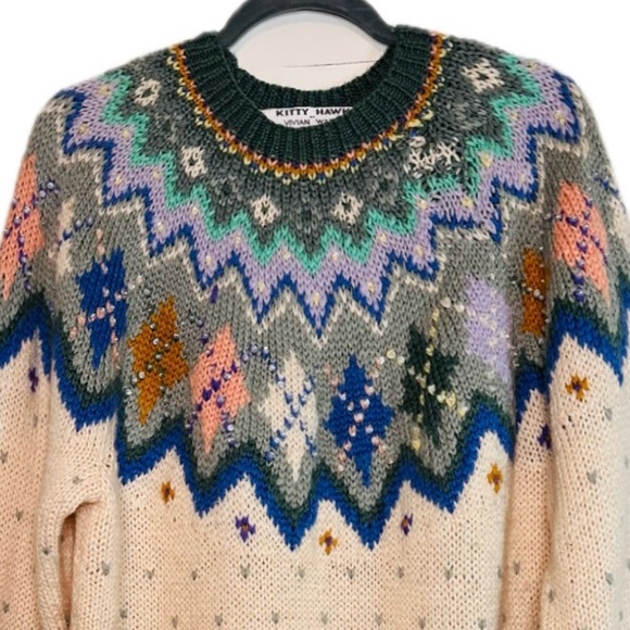 Gorgeous Vintage Nordic, ski lodge Handknit Wool blend Fair Isle sequins sweater - Picture 3 of 9